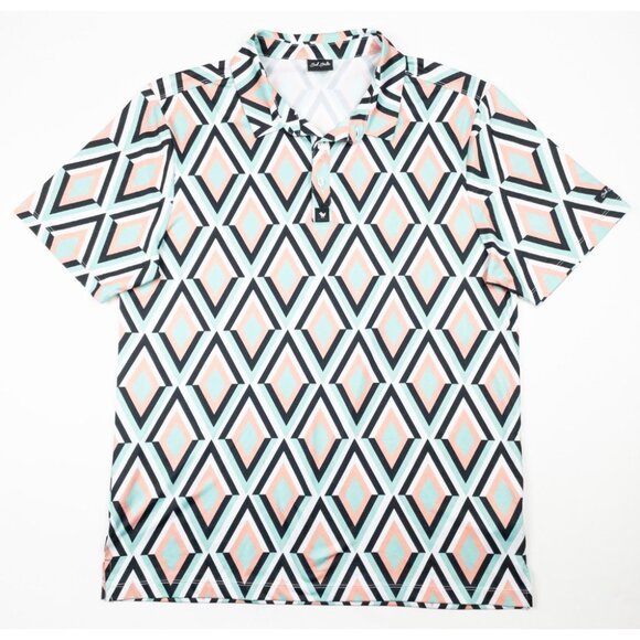 Bad Birdie Golf Polo Men's Fits Large Geometric Diamond Pink Mint Green Wicking - Picture 2 of 12